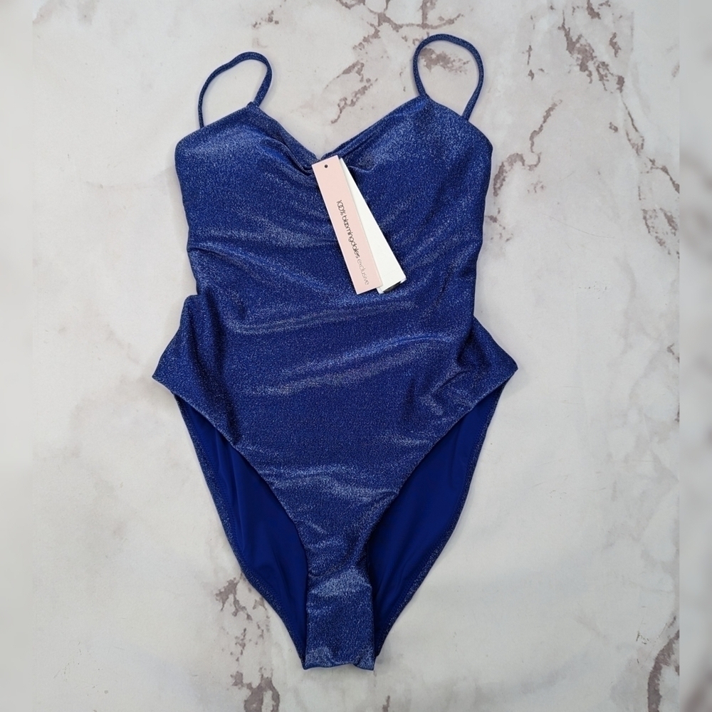 Aqua Swim Bathing Suit Womens XS One Piece Square Neck Sapphire Blue Glitter